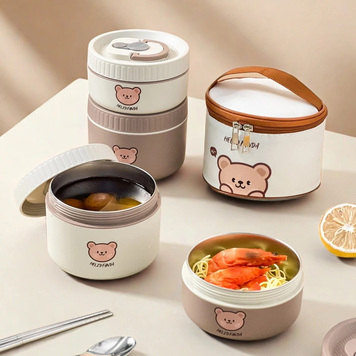 WORTHBUY Portable 304 Stainless Steel Insulated Bento Lunch Box Microwave Cute Little Bear Lunch Container For  Student Adult