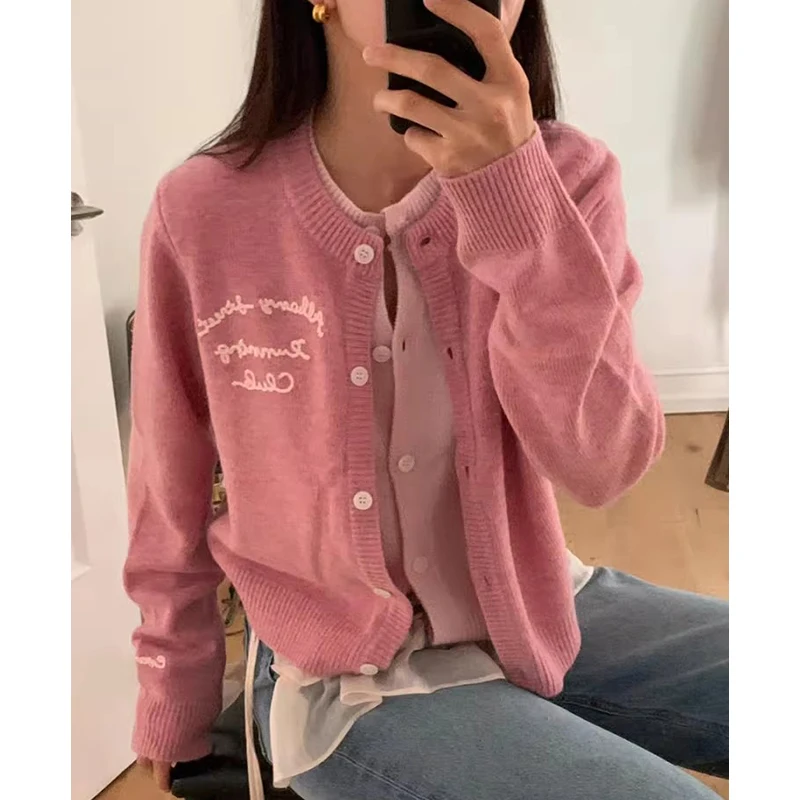 

Chic Autumnal Retro round Ne Embroidered Letter Print Color Blo Long Sve Knitted Sweater Jaet for Women