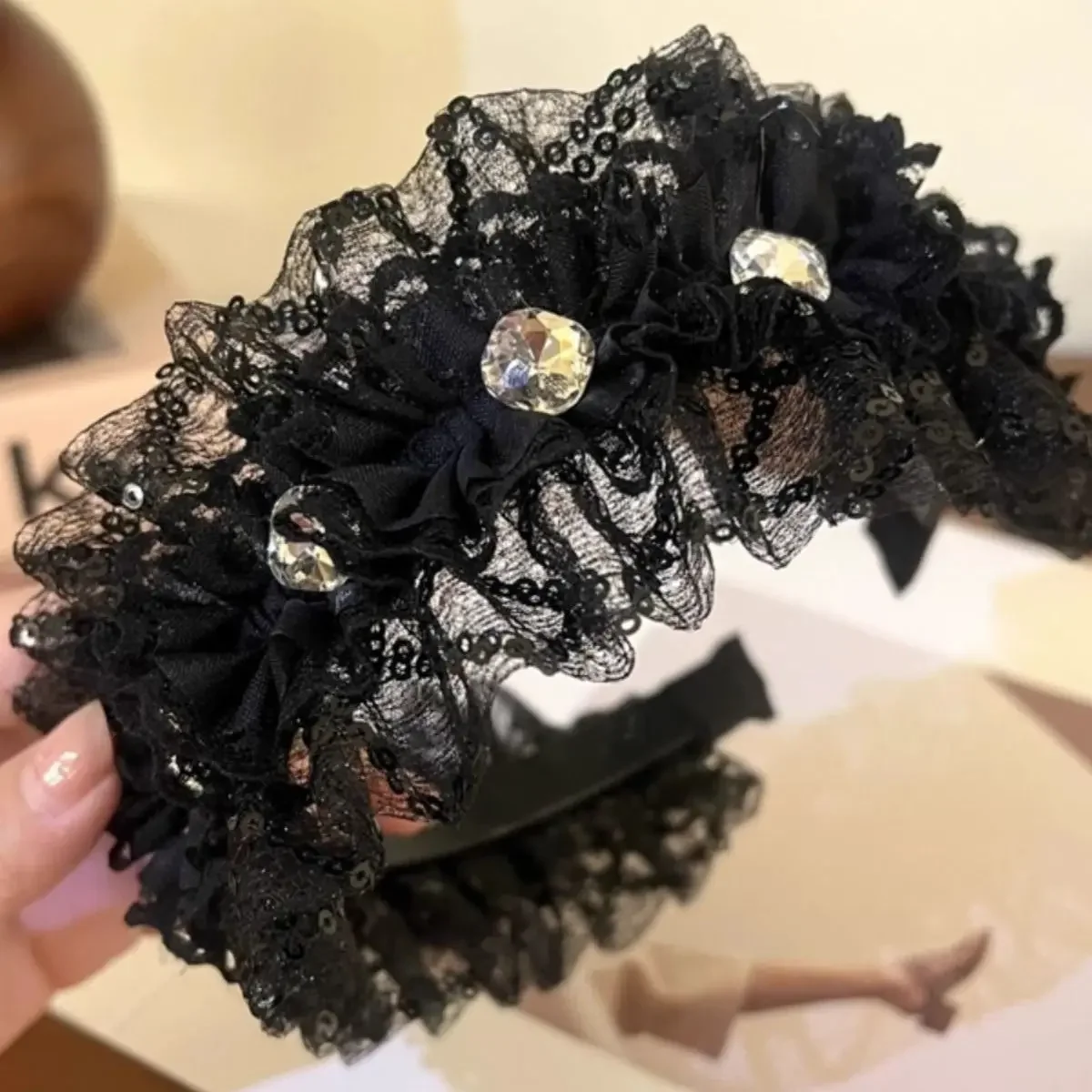 الإناث النسخة الكورية أغطية الرأس الأسود الدانتيل حجر الراين مشبك شعر للنساء السيدات 2025 نمط جديد هيرباند الملحقات #4