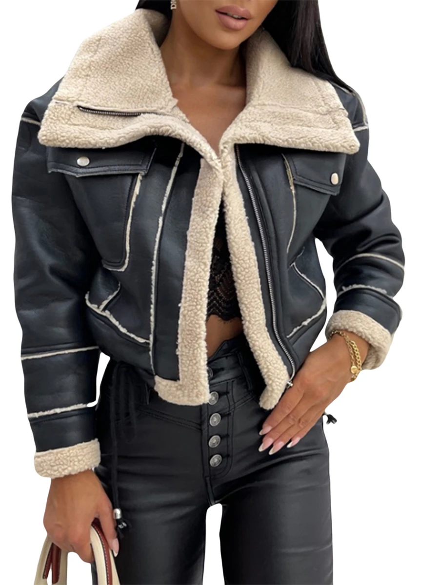 Women PU Faux Fur Leather Jacket Faux Fur Open Front Casual Furry Collar Lapel Short Parka Coat Warm Cardigan with Belt Outwear