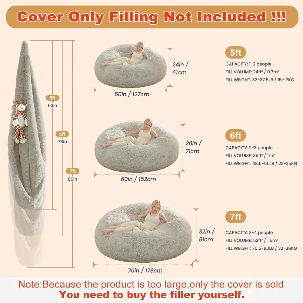 Bean Bag Chair Cover, Plush Bean Bags Chairs Cover Only Without Filler Included, Beanbag Chairs for Adults, Teens, Kids, 7FT, L