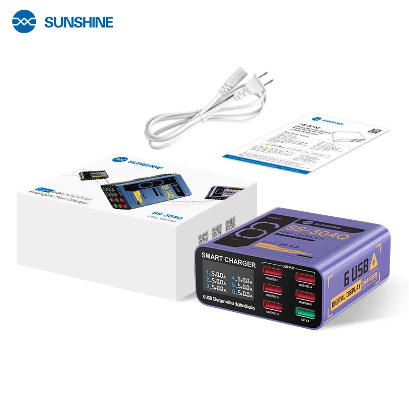 Sunshine SS-304Q USB Smart Lightning Charger 6 Ports USB Quick Charge 3.0 Digital Display Fast Charging Device