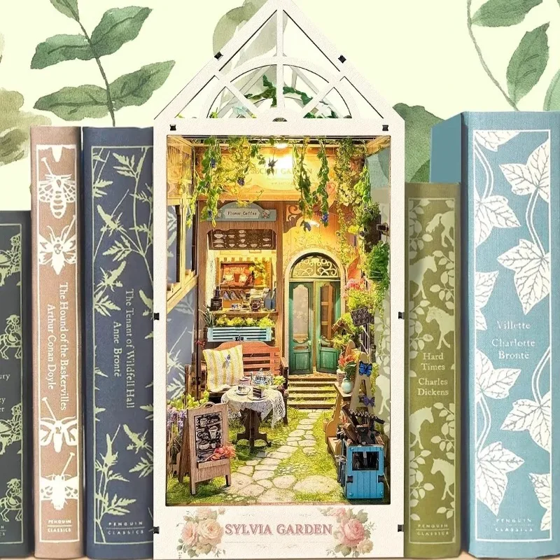 DIY Book Nook Sylvia Garden Wooden 3D Puzzle Shelf Insert Miniature Model Kit Home Decor Birthday Gift for Adults Toys