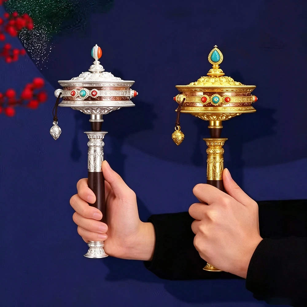 2026 Tibetan Academy Style Hand Prayer Wheel, Large Handheld Mantra Spinning Wheel, Home Altar Buddhist Prayer Decor Ornament