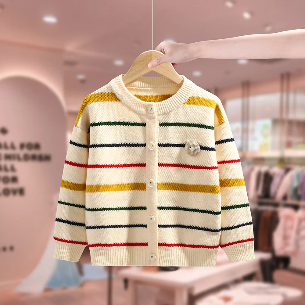 

Children Baby Girls Sweater Knitted Autum Winter 2023 Girl Clothes Round Neck Kids Student Striped Cardigan Sweater Baby Outwear