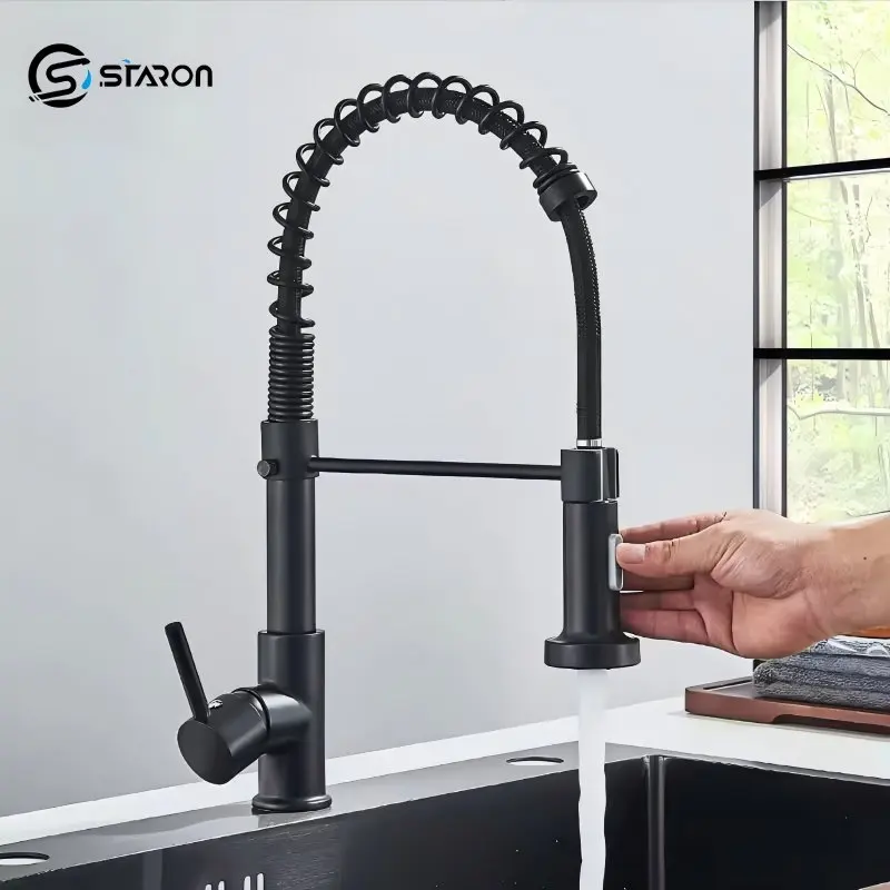 

STARON Black Pull Out Down Kitchen Faucet Chrome Dual Modes Nozzle Hot Cold Water Mixer Crane Tap Spring Kitchen Sink Faucets