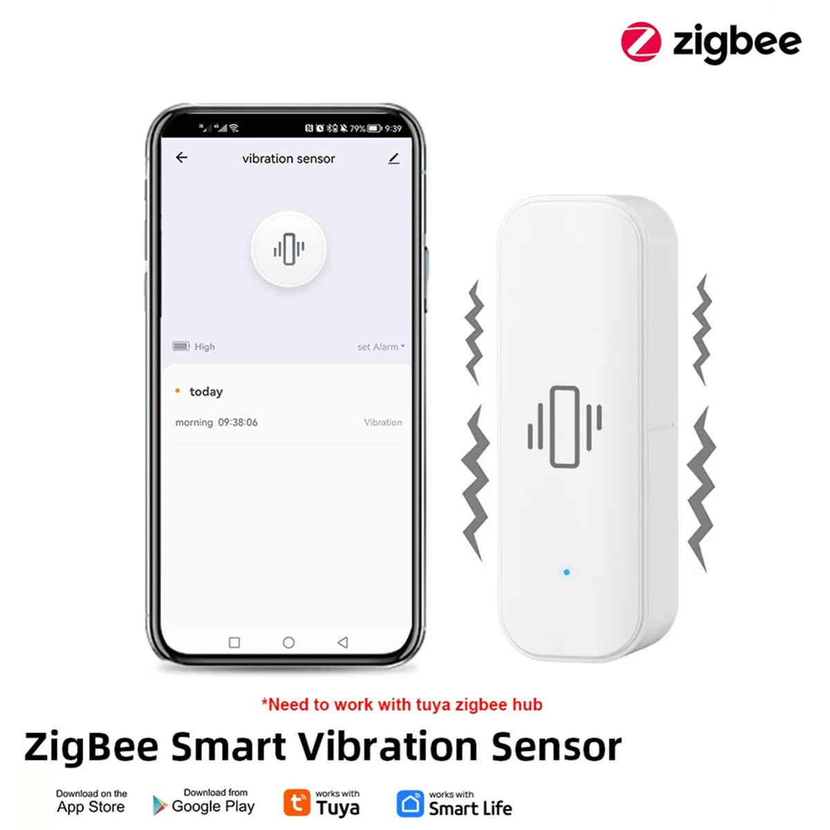 Tuya Smart Vibration Sensor ZigBee Tuya Sensor Monitor App Control Security Protection Zigbee Sensor Motion Shock Alarm