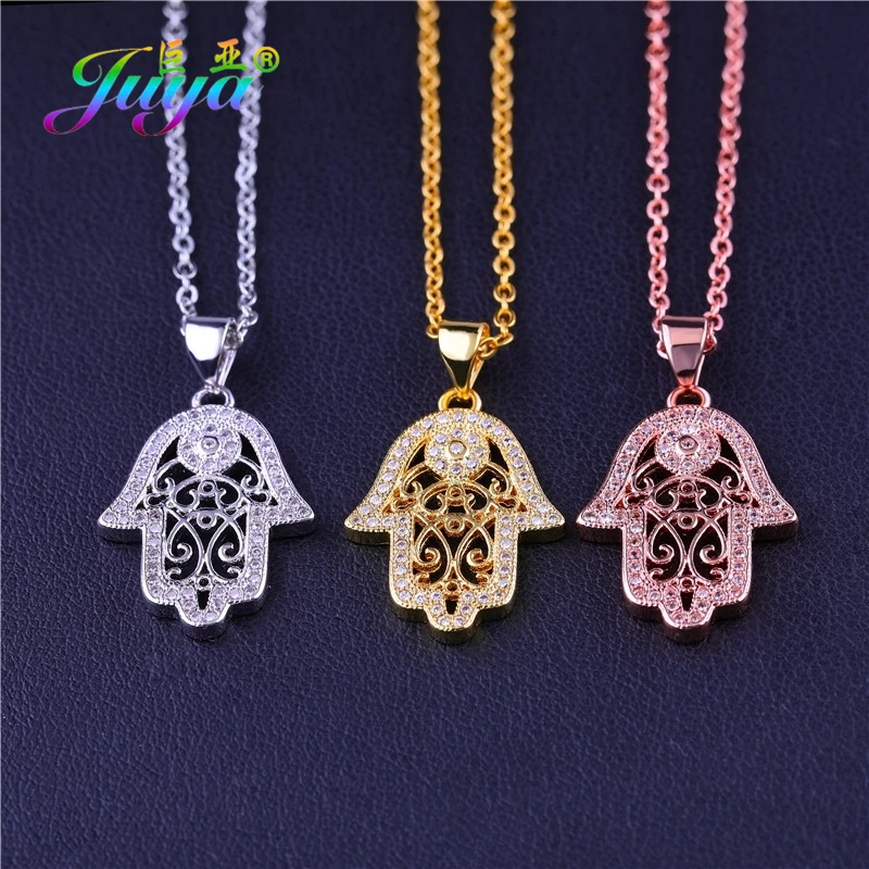 Juya DIY Turkish Jewelry Fittings 18K Plated Copper Hamsa Hand Fatima Pendant For Women Charm Bracelet Necklace Earring Making