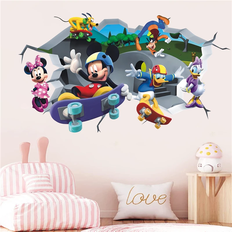 Cartoon Mickey Minnie Mouse Donald Duck Wall Stickers For Kids Room Baby Bedroom Wall Art Nursery Amusement Park PVC Poste