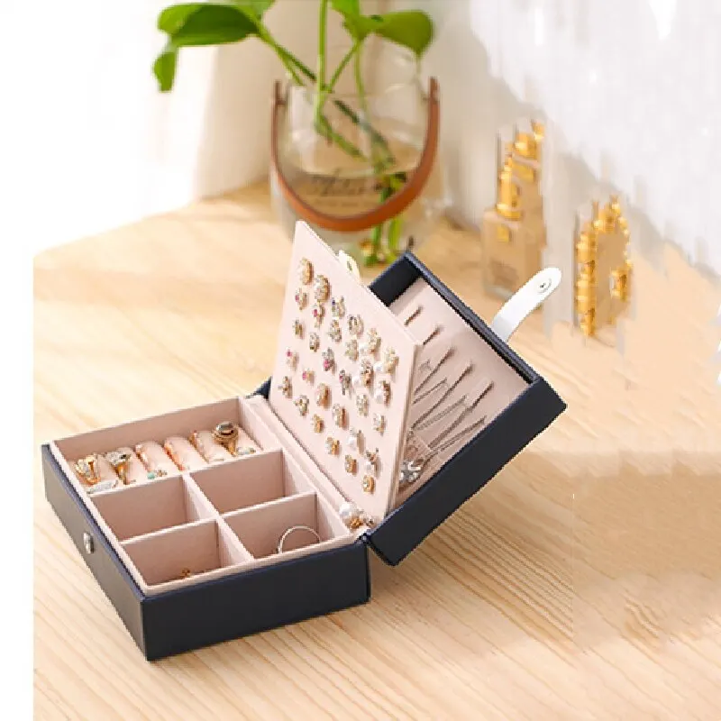 1pcs Double Layer Storage Box Ladies Princess Simple Style Leather Flip Type Jewelry Box Travel Home Portable Jewelry Box