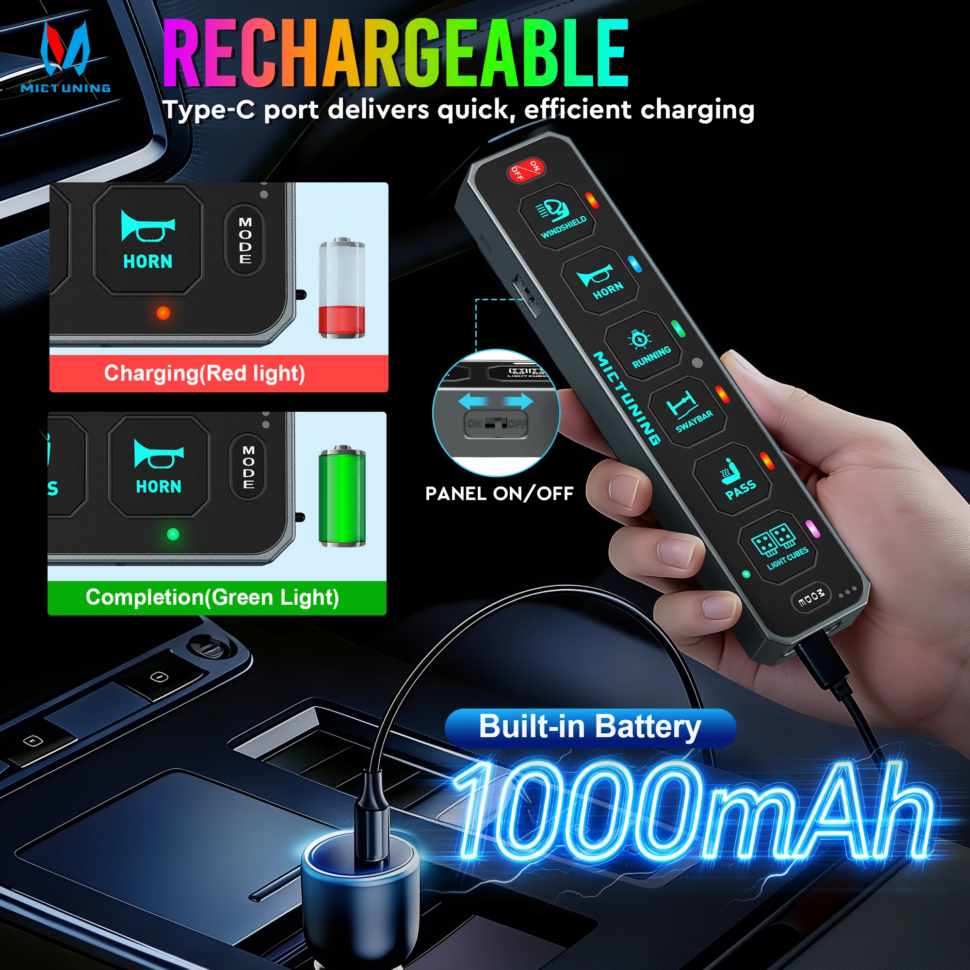 MICTUNING Newly Upgraded MS-W Series 6Pod Wireless Switch Panel Features a Slim, Linear Design with RGB Auto-Dimming Backligh