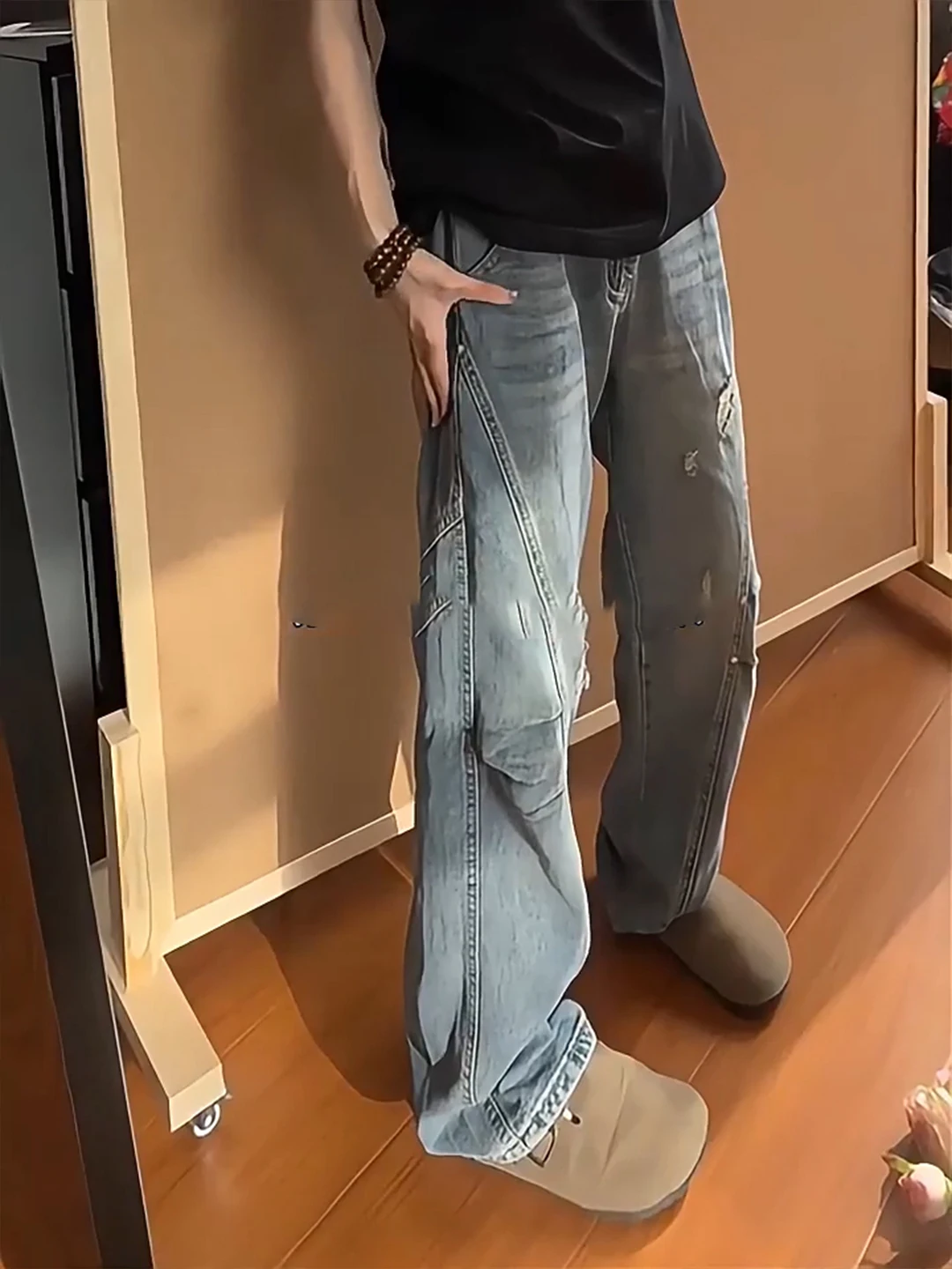 Retro Blue Slanted Cut Knife Jeans Men's American High Street Vibe Hole Micro Flared Pants Washed Folded Logging Pants