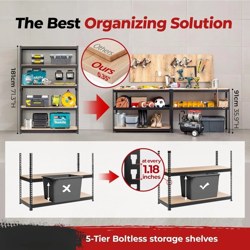 5 Tier Laminated Boltless Heavy Duty Garage Storage Adjustable Wide Size Metal Shelving Unit Utility Rack Shelves Organization