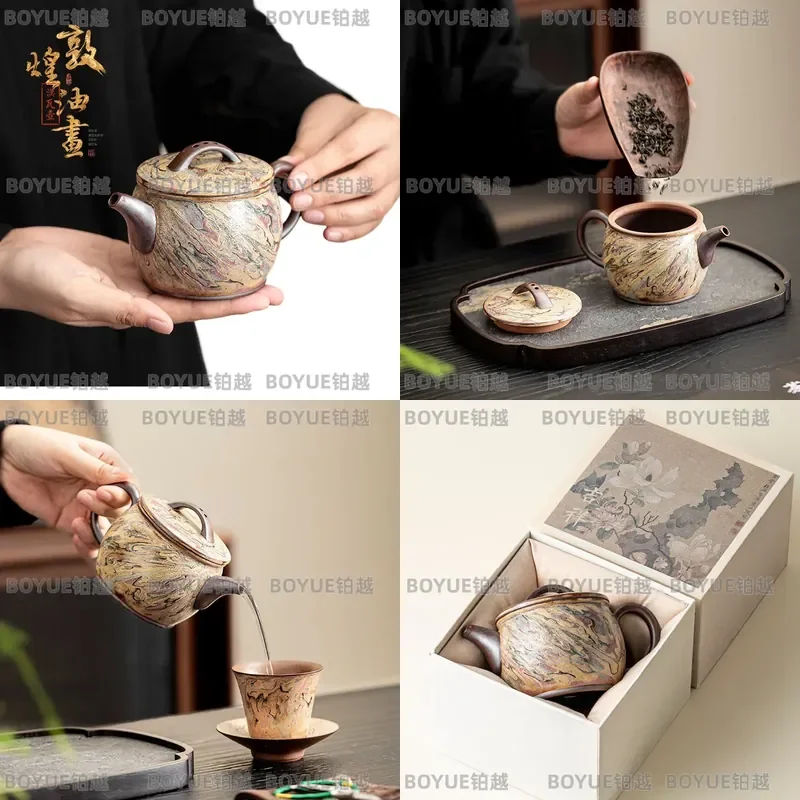 Dunhuang Style Oil Painting Ceramic Teapot Chinese Retro Kung Fu Tea Set Anti Scalding Handle Household Pot for Brewing