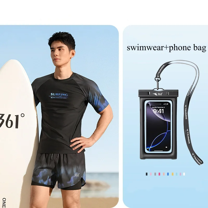 361Men Outdoor Water Sports Beach Surfing Swim Shirt+Trunks Rash Guard Short Sleeve Quick-Drying Bathing SwimSuit Cap Glasses