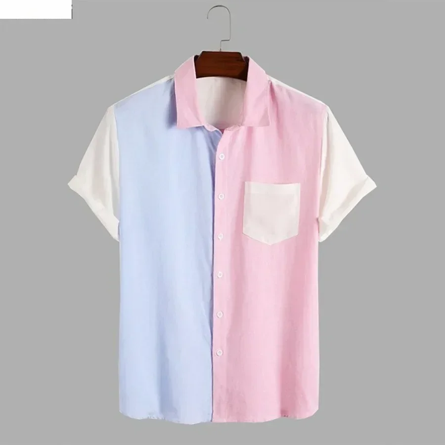 Men's Summer Colorblock Shirts Short Sleeve Shirt Fashion Casual Lapel Cardigan Loose Comfortable Tops for Men Beach Shirts