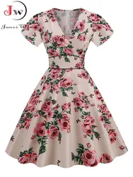 Vintage 60s 50s Women's Big Swing Summer Dress Casual Midi Pin-Up Tunic Sundress Short Sleeve V-Neck Party Robe