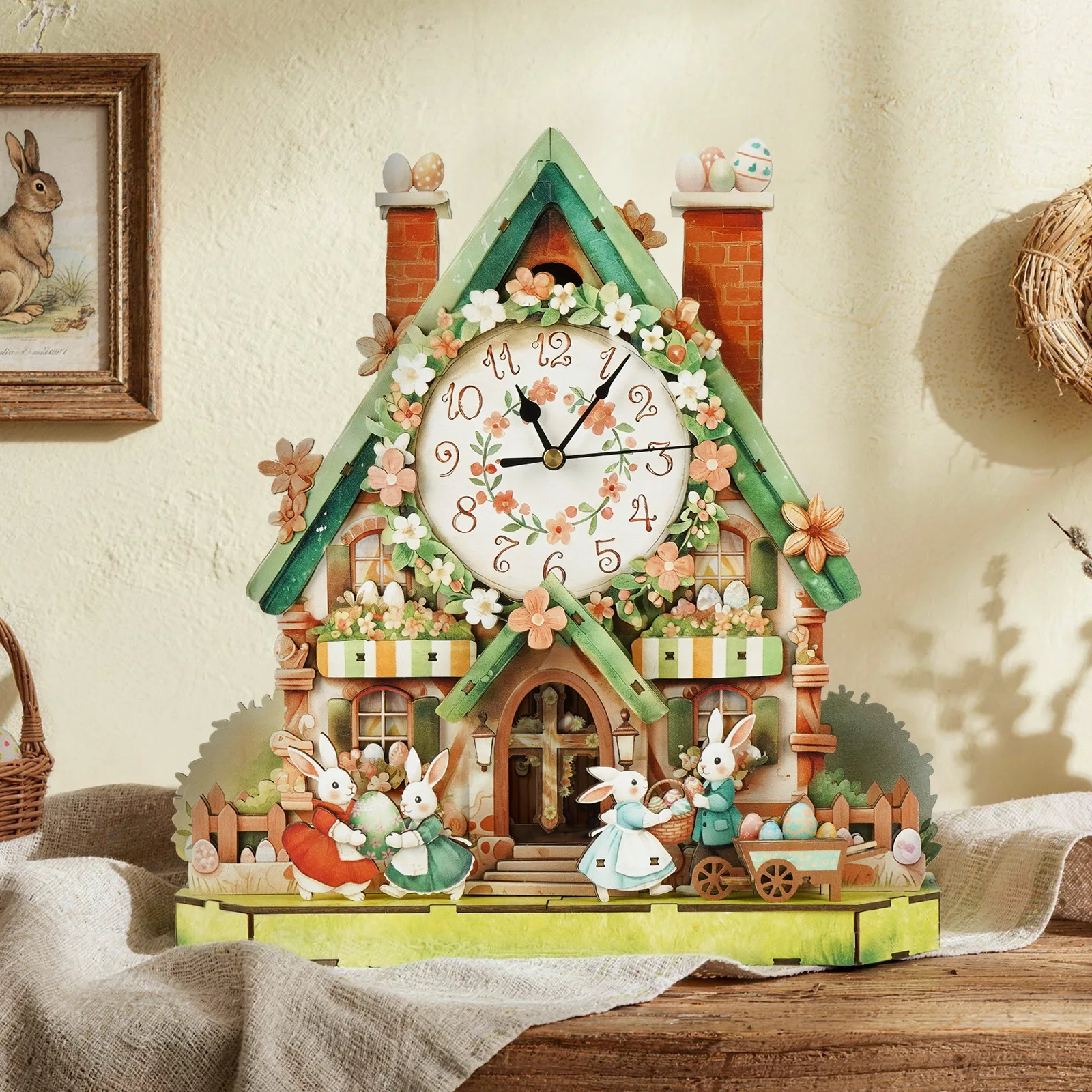 DIY Wooden Rabbit Forest Wall Clock Miniature Model Kits Jigsaw Puzzles Casa Dollhouse for Friends Birthday Gifts