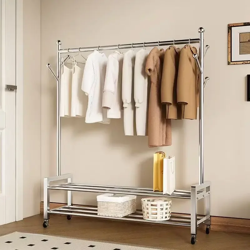 Bedroom Balcony Drying Wardrobe Clothes Rack Stand Garment Rack Stainless Steel Freestanding Clothes Rack Portable Wheels
