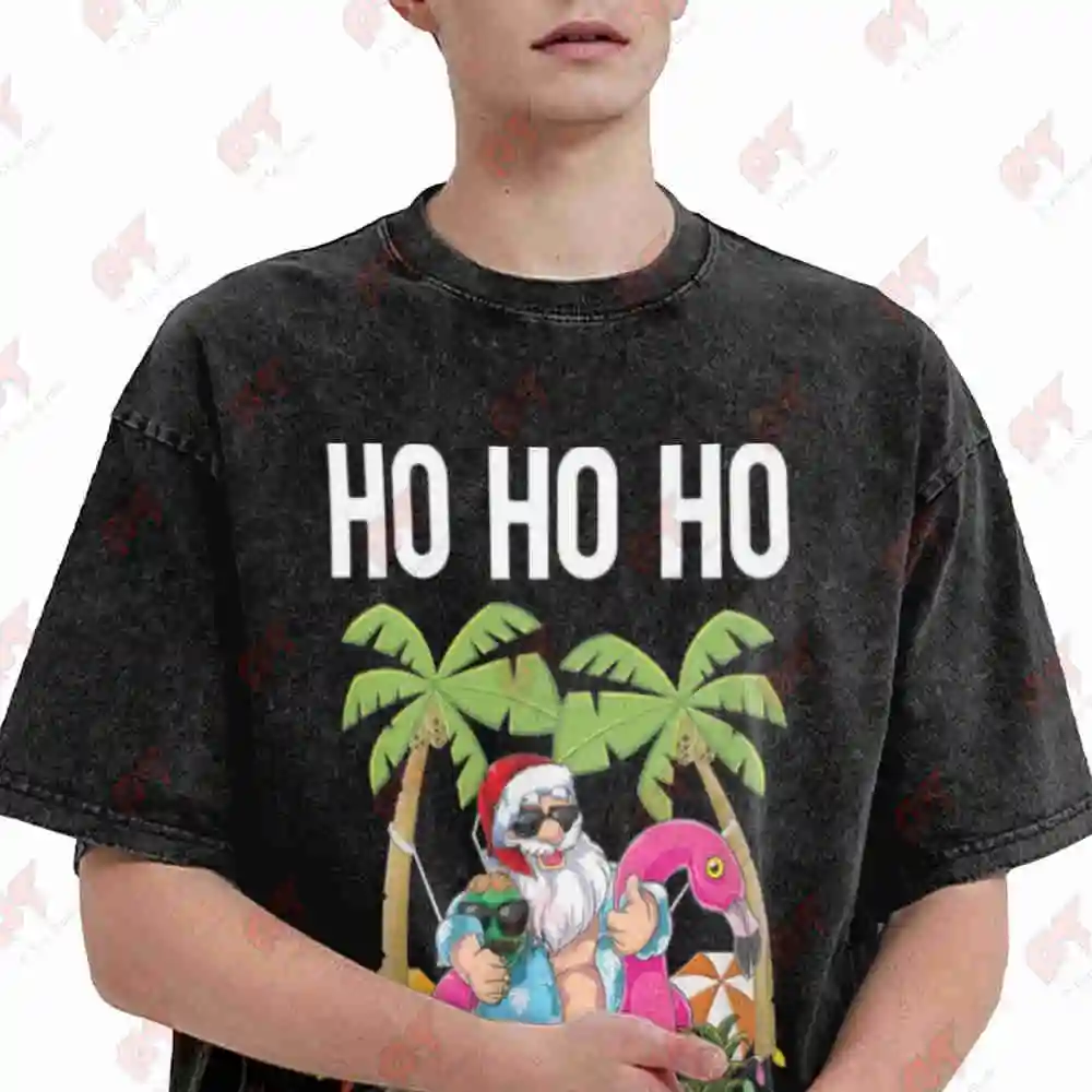 Christmas Tropical Ho Ho Ho Who Requires Snow Vintage Washed Tee Pure Cotton T-Shirt
