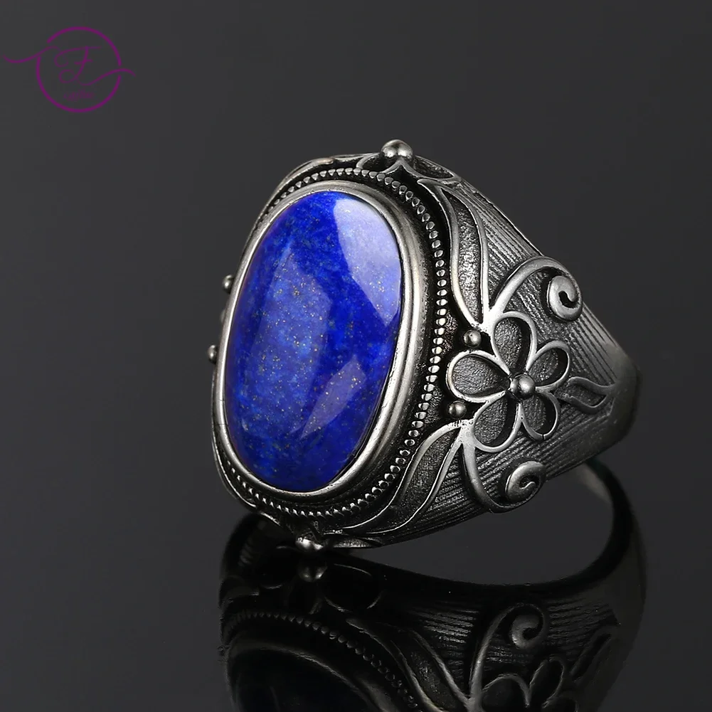 

Luxury Vintage S925 Sterling Silver Ring 11x17MM Big Oval Lapis Lazuli Rings For Men Women Fine Jewelry Party Anniversary