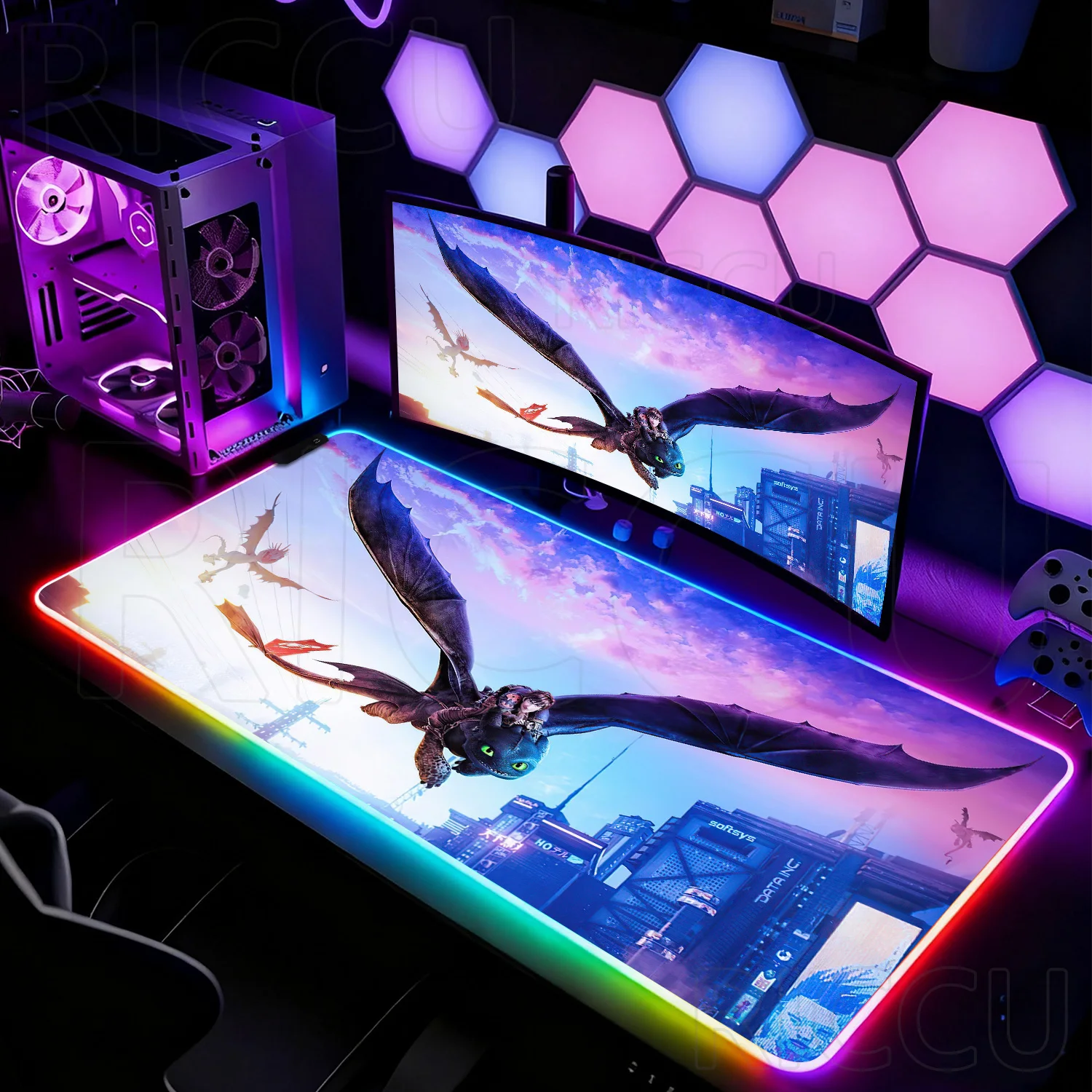 

RGB H-How to Train Your Dragons Коврик для мыши Беззубий печать Светодиодные настольные коврики Компьютерные геймеры с запирающимся краем Нескользящий настольный коврик PC XXL