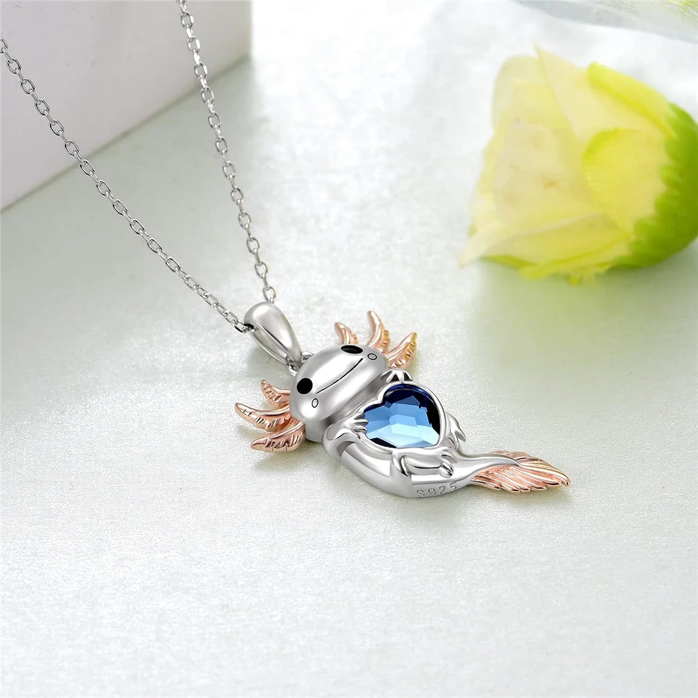 Exquisite Cute Cartoon Axolotl Holding Heart Pendant Necklace Animal Jewelry Fashion Girls Party Holiday Jewelry Decoration Gift