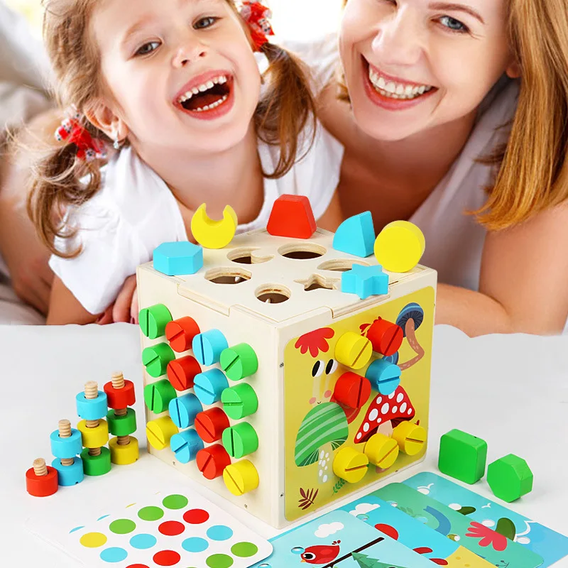 Children's Early Education Wooden Intelligence Box Screw Nut Shape Matching Building Blocks Color Cognitive Enlightenment Toys