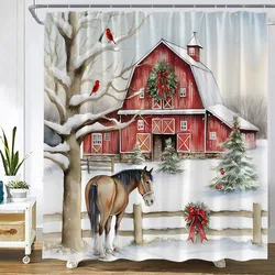 Winter Christmas Shower Curtains Farmhouse Horse Xmas Trees Forest Landscape Polyester Fabric Holiday Bathroom Decor with Hooks