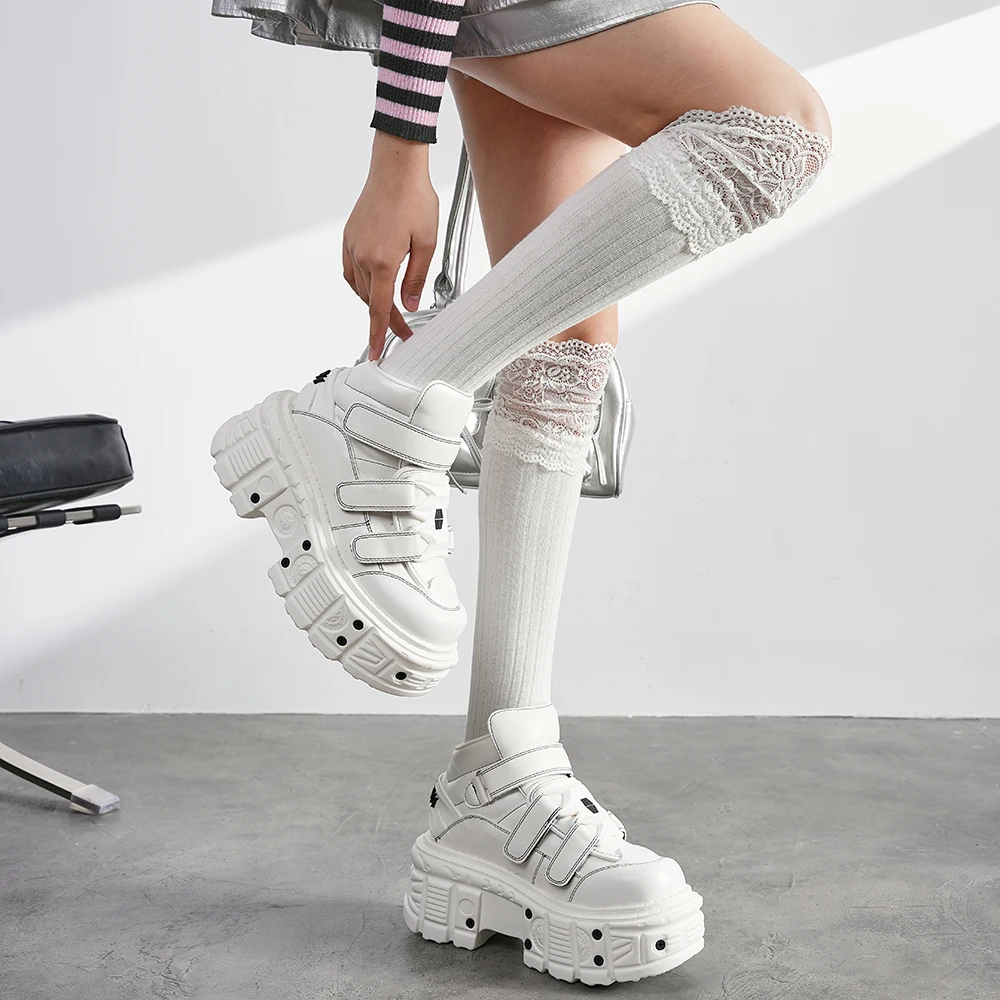 Gothic Ankle Rock Boots 2026 New Punk Style Women Shoes Lace-up White Platform Shoes Woman Metal Decor Woman Sneakers