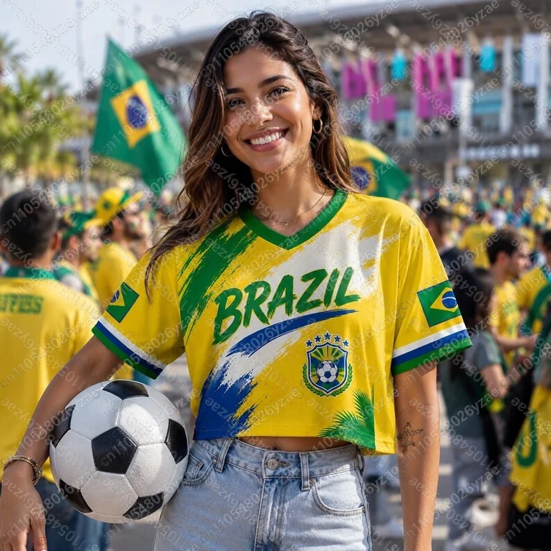 2026 Y2K Brazil Jersey - Loose Short V-neck T-shirt with Green and Yellow Stripes Streetwear Style Women Sports Fashion T-shirt