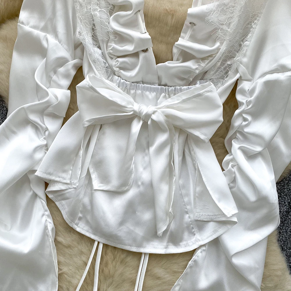 بلوزات متينة على طراز المحكمة العتيق من TWOTWINSTYLE للنساء بياقة على شكل V وأكمام طويلة بدون ظهر مقسمة قمصان مثيرة للسيدات KBL550144 #6