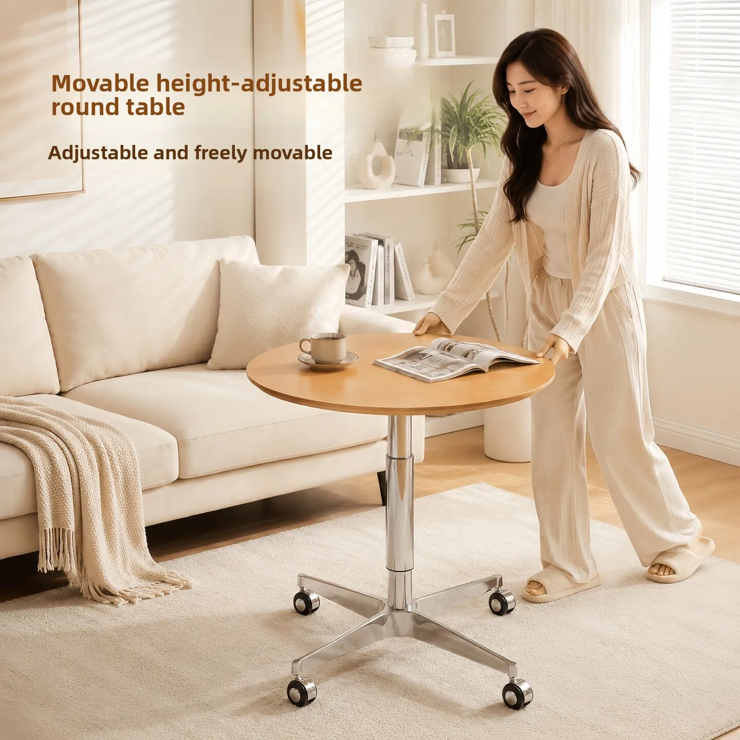 Modern Minimalist Movable Small Round Table 60 cm Ocean-Board Desktop 60 cm Free-Lifting Silent Casters for Beauty Salon Waiting