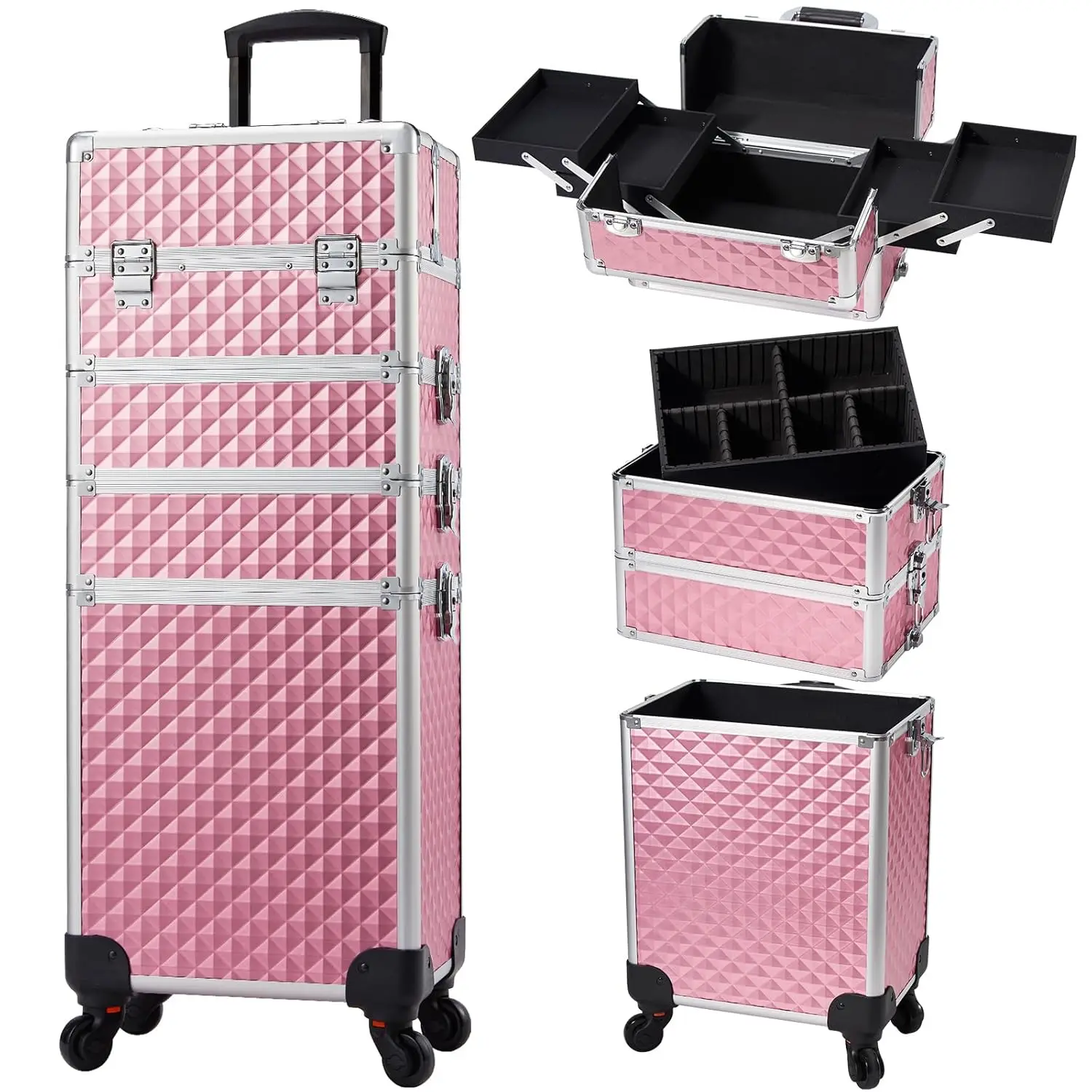 Rollende make-uptreinkoffer Cosmetische trolley 4-in-1 make-up reiskoffer met grote capaciteit en sleutelwielen Salon Kapperkoffer Reizen