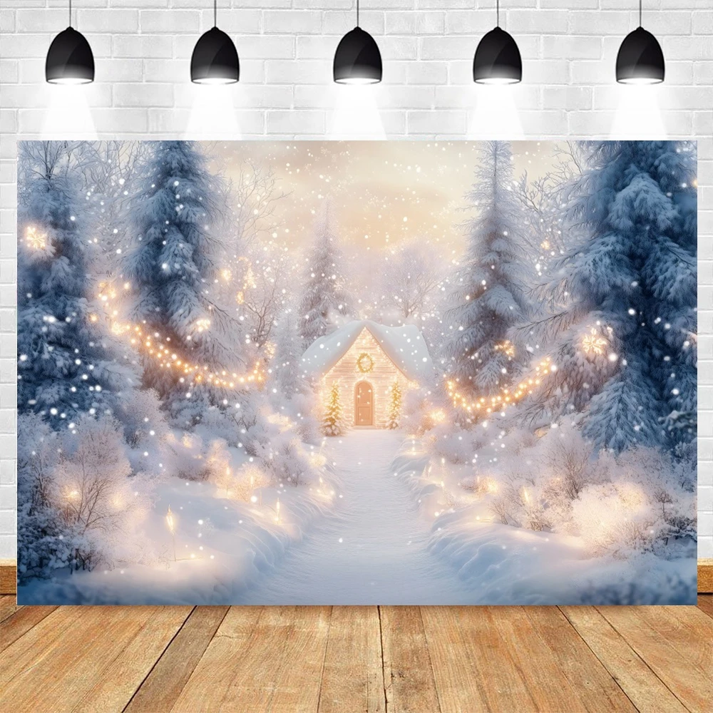 Winter Backdrop Outdoor Scenery Snowfield Snowy Pine Forest Little House Art Portrait Photography Background Decor Photostudio