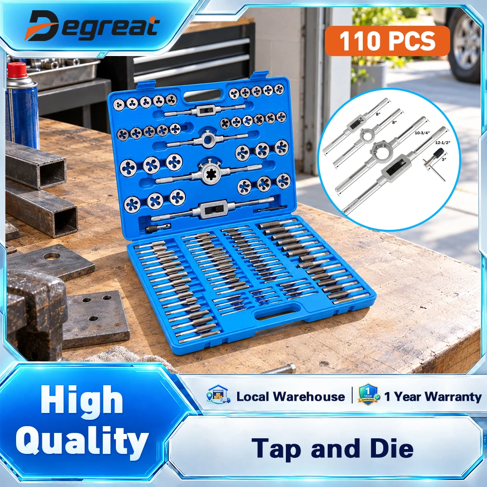 Image of Degreat 110-teiliges Metrisches und Standard-Gewindebohrer- und Schneideisen-Set aus Lagerstahl mit Titanbeschichtung, Handwerkzeug-Set, Handgewindebohrer-Werkzeuge