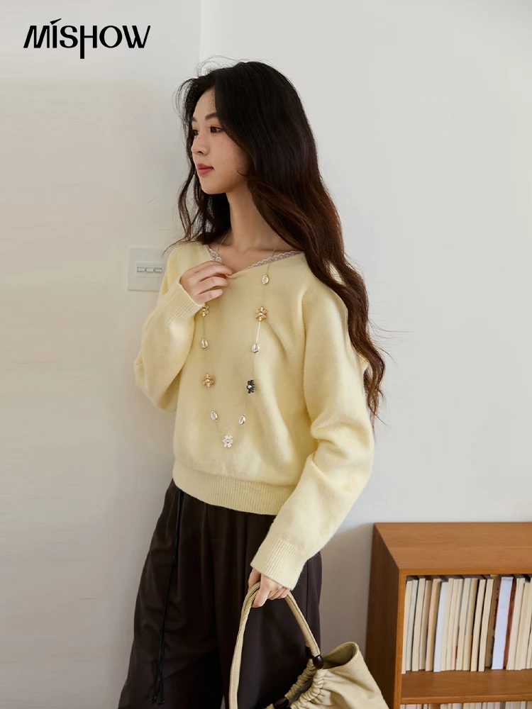 MISHOW femme pull tricoté 2025 automne nouvelle dentelle col rond manches longues pulls confortable décontracté jaune hauts MXE48Z2612