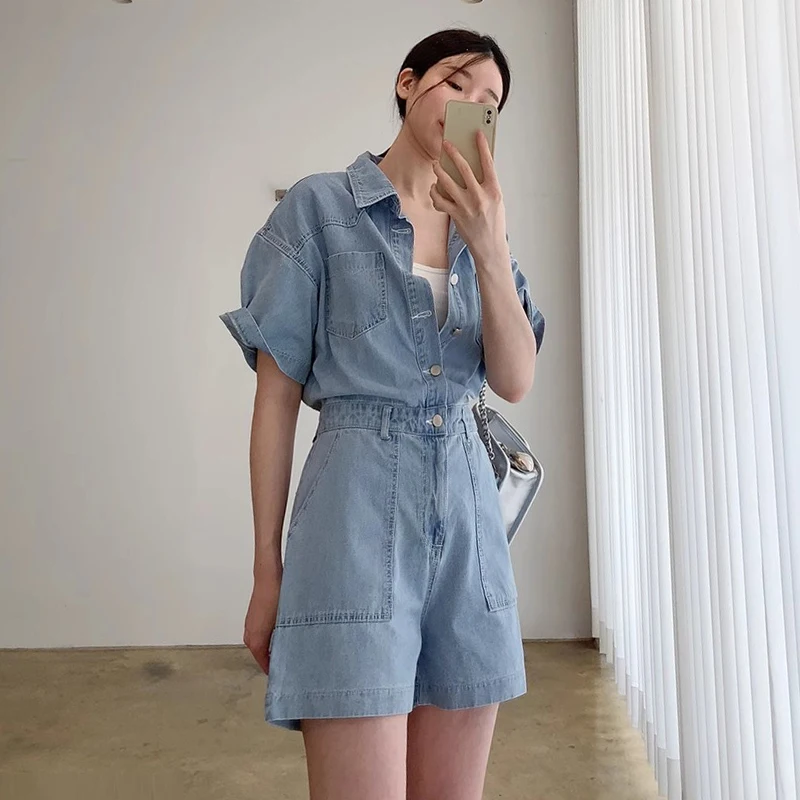 

Chic Summer Vintage Turn-down Collar Single Button Slimming Multi-ket Denim Overalls orts Women High Waist Wide Leg Pants