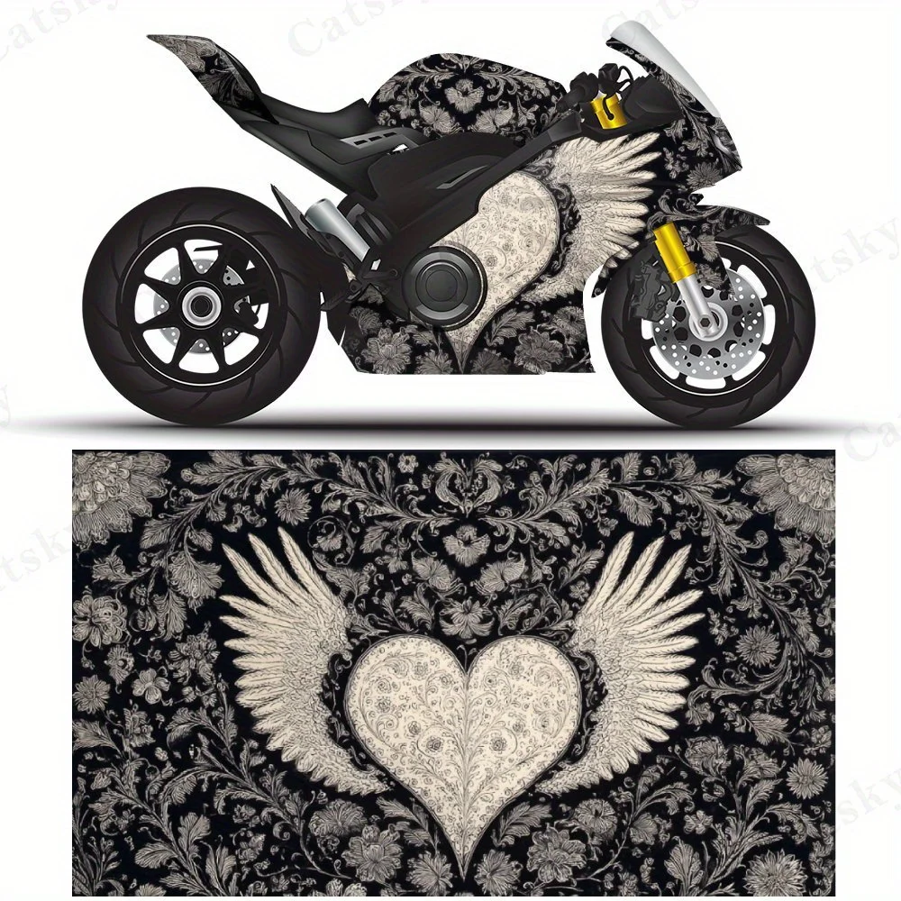 Heart-Wing Ornate Design Motorcycle Film Stickers, Durable PVC Adhesive Decals for Motorcycle Customization, Weather-Resistant P