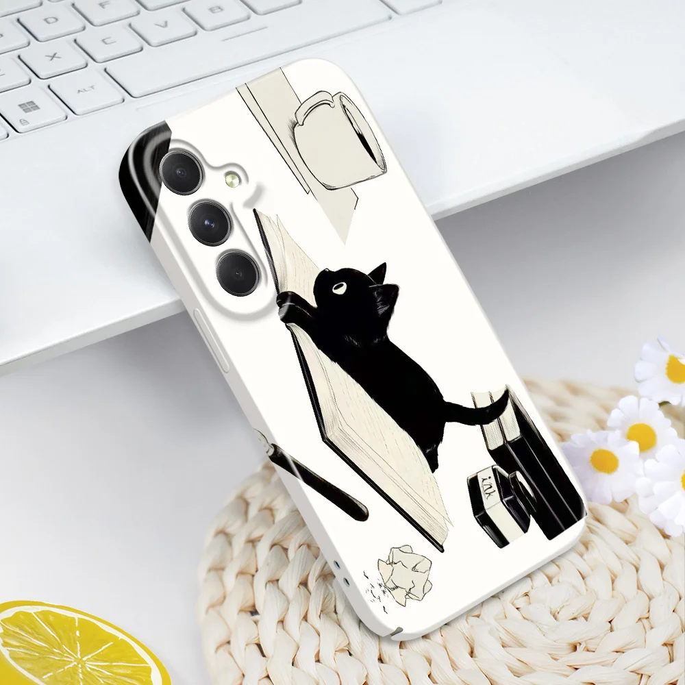 Cute Black Cat Phone Case For Samsung Galaxy A54 A34 A24 A14 A04 A73 A53 A33 A23 A13 A72 A52 A32 4G 5G Film Hard Cover