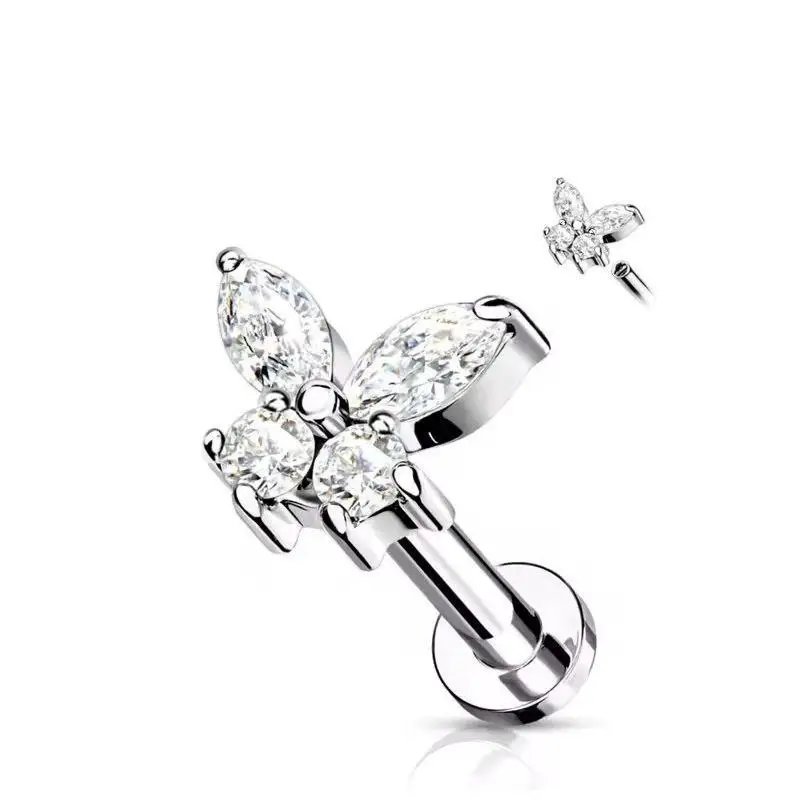 Right Grand ASTM F136 Titanium 16G Mini Butterfly CZ Labret Tragus Cartilage Conch Forward Helix Stud Nose Piercing Body Jewelr