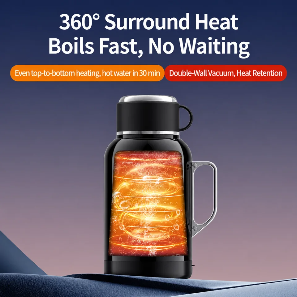 1300/1500ml Car Heating Kettle 12V/24V Smart Electric Water Boiler with 2-in-1 Cup Lid Car Heating Cup Thermos cup for Truck SUV