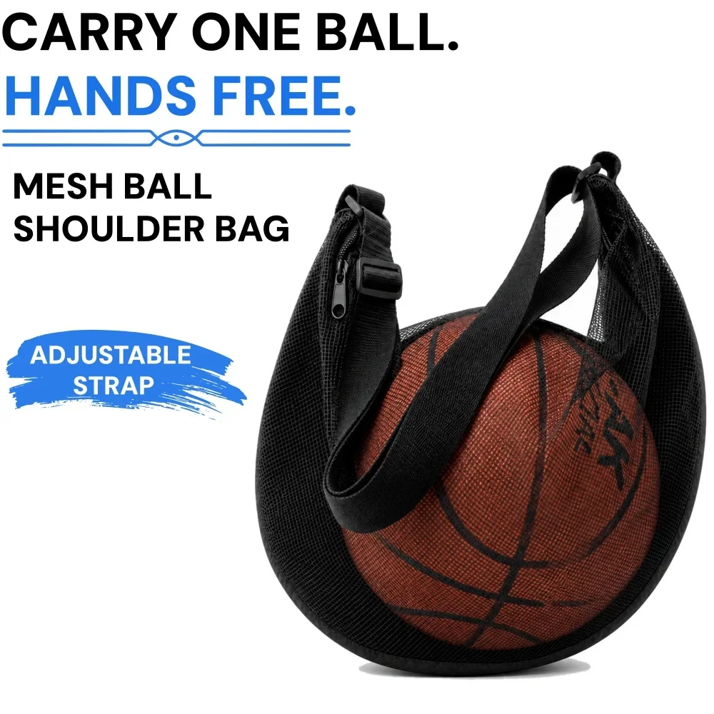 Anti-Tear Mesh Single Ball Bag Fits Size 7 Basketball Soccer Volleyball Crossbody Carrier With Adjustable Strap & Zipper