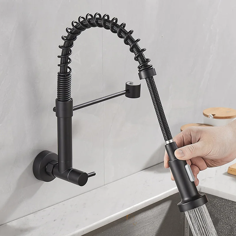 

Matte Black Pull Down Kitchen Faucet Wall Mounted Single Cold Water Tap 360 Degree Rotation Stream Sprayer Nozzle Sink Tap Crane