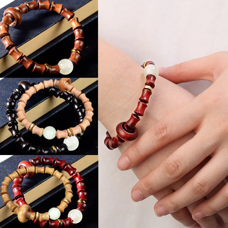 Natural Ebony Ethnic Style Bracelets Glow Beaded Buddhist Sandalwood Prayer Hand Bamboo Joints Loop Buddha Beading Men Women