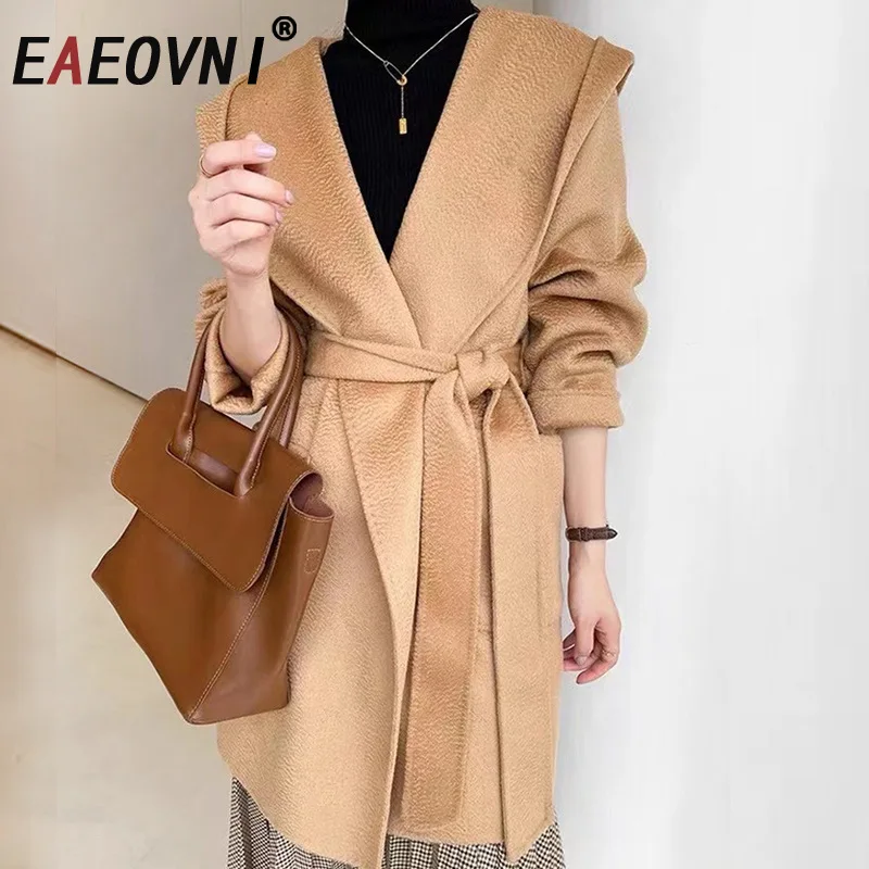 

EAEOVNI Temperament Autumn Winter Wool Coat Women Fashion Luxury V Neck Belt Gathered Waist Solid Color Fashion Coat Clothing