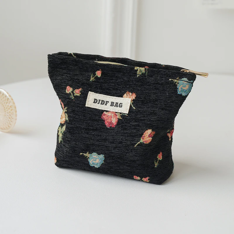 Black florets, women\'s makeup bag, small cosmetics, skin care products, storage bag, commuter coin purse, lipstick bag liner bag