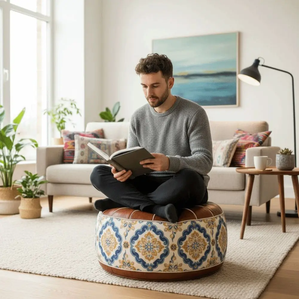 Boho Pattern Ottoman Pouf PU Leather Large Opening Footstool Cover Fillable Design Water Resistant Round Pouf Cover Home Use