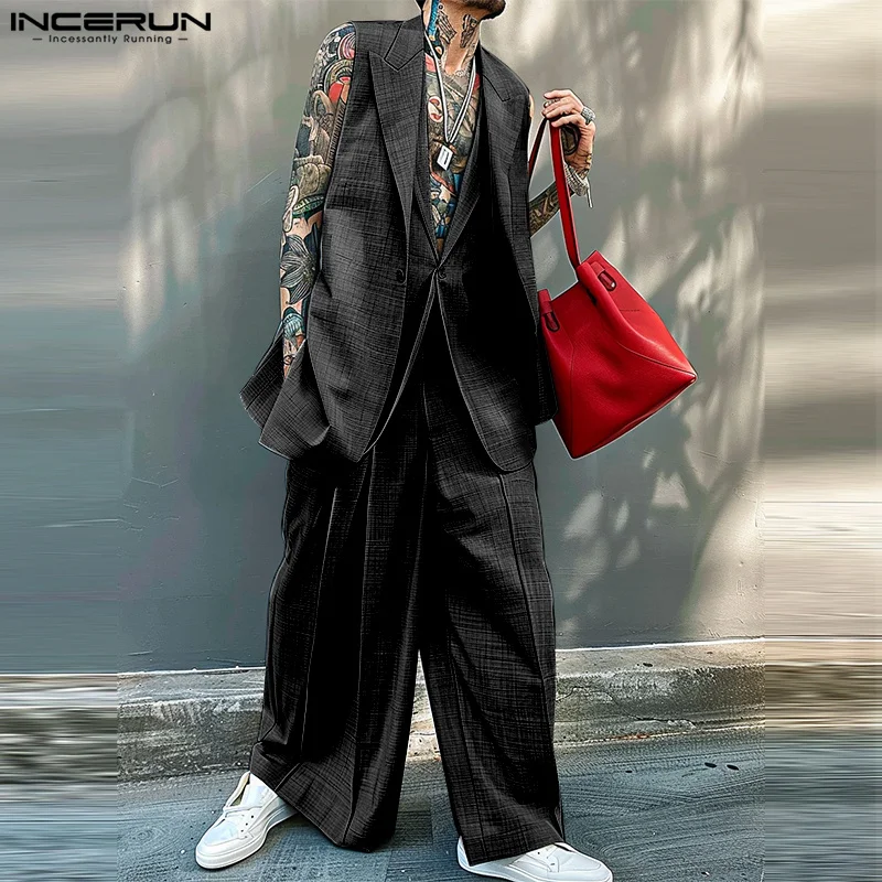 INCERUN Men Two Pieces Pantsuit V Neck Single Button Blazer Vest And Wide Leg Casual Pants 2Pcs Solid Color Suit Stylish Outwear