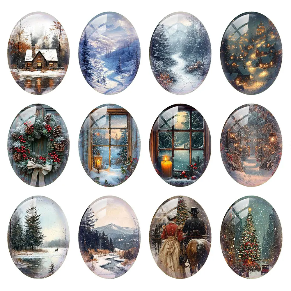 Random Mixed Round/Oval/Square Christmas Winter Tree Snow Wild Photo Glass Cabochon Flatback Demo Cameo For Diy Jewelry Making